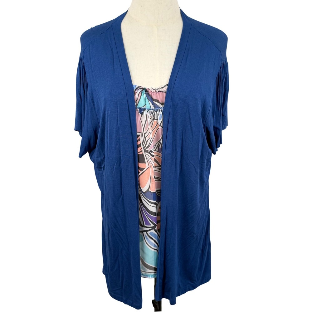 NWT August Silk Womens XL 2 in 1 Layered Top Blue Floral Cardigan Tank‎ Office